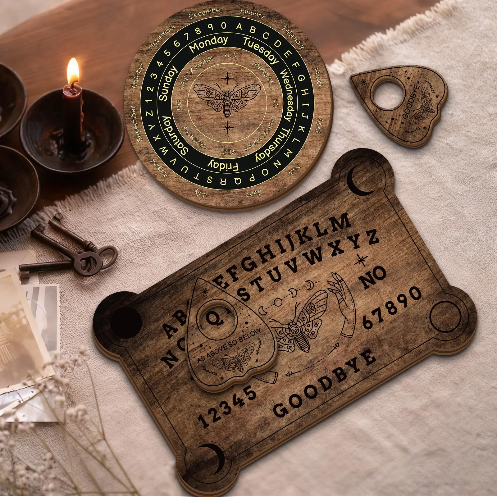 Vintage Mystery Fortune Telling Props Set, Dark Wood Color Round Ouija Board, Includes Runes Stones, Pendulum, Tarot Cards, No Batteries Needed