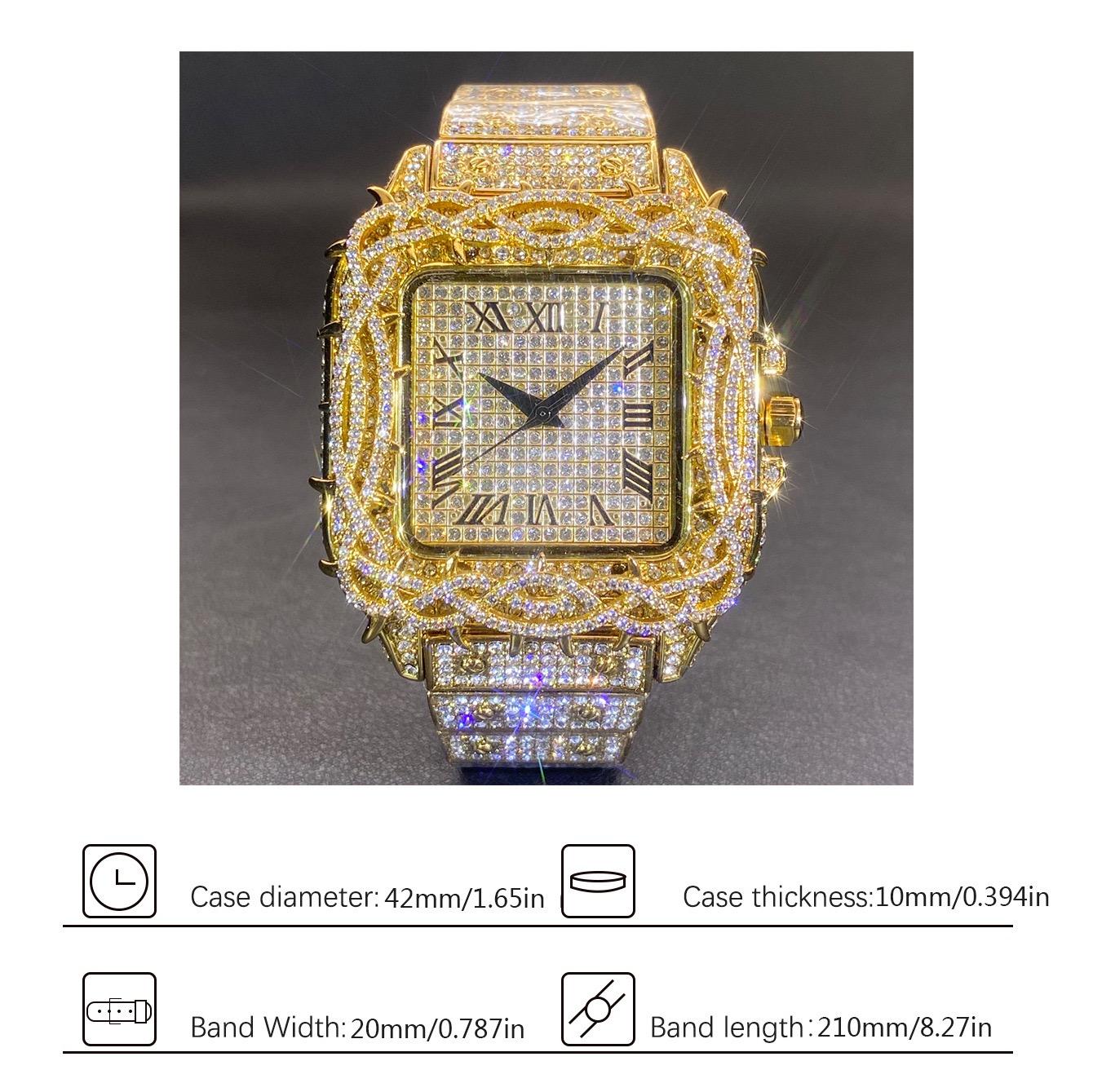 Iced Out Santos Square Watch – Gold & Silver | Bust Down Diamond Bezel Hip Hop Luxury Watch for Bold Style Enthusiasts