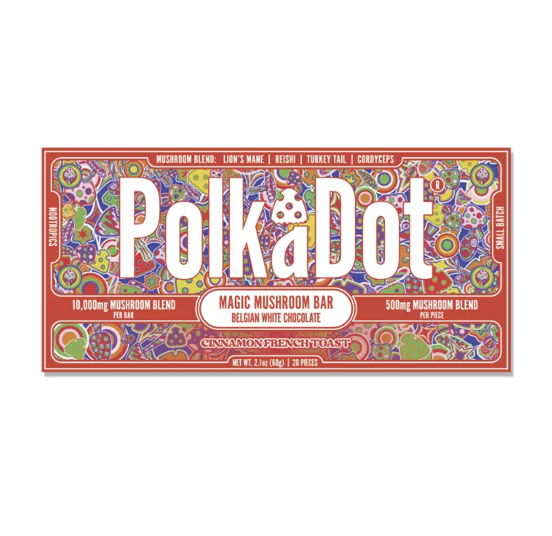 Polkadot Belgian Chocolate, Cinnamon French Toast, 20 Count, High Potency Plant-based Mushroom Snack, 100% Organic, High-Quality Ingredients, Made in USA, All Natural, Healthy Chocolate, 20 Piece Chocolate Bar
