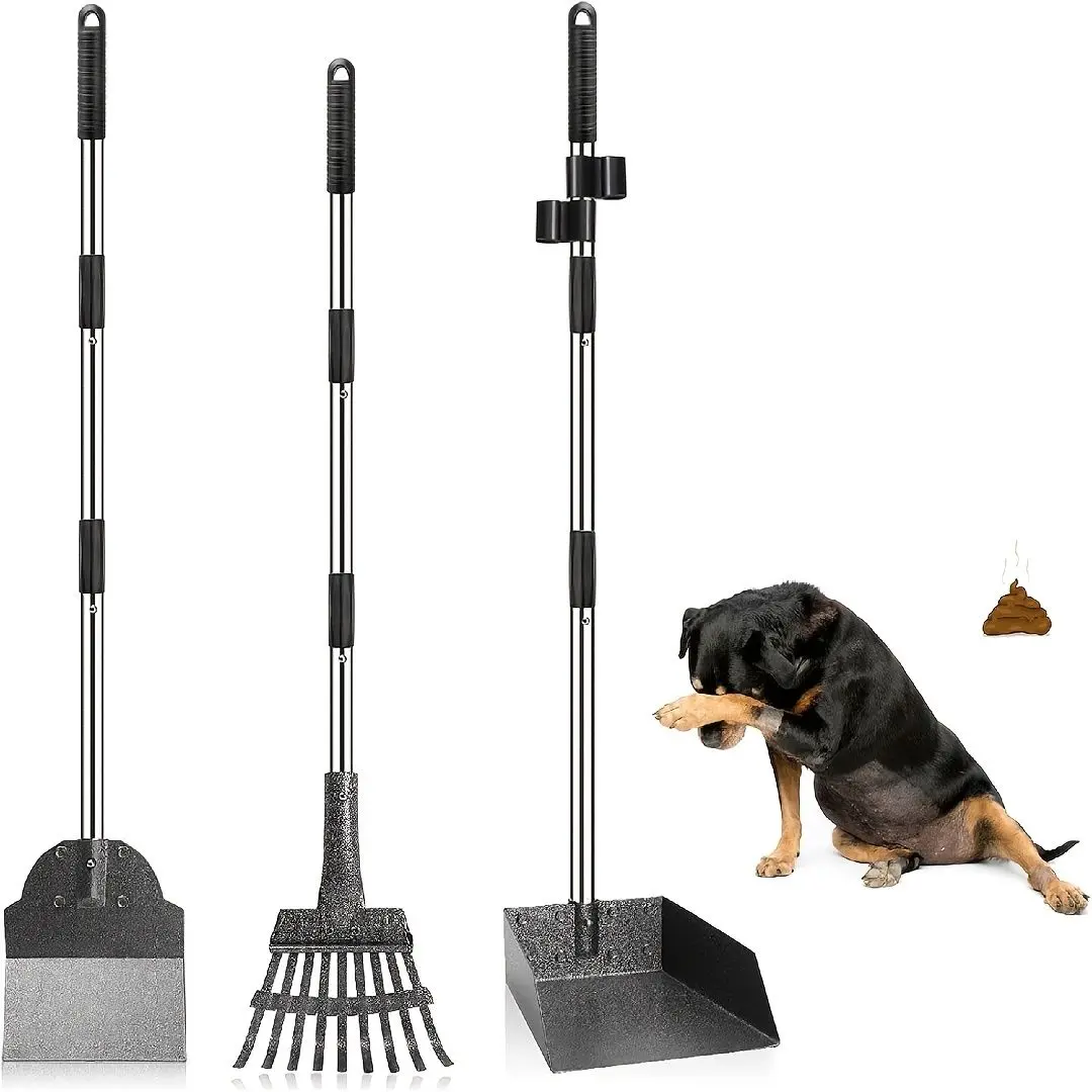 Dog Pooper Scooper Cleaner Set, 3-Piece Stainless Steel & Aluminum Kit with 38.2 Inches No-Bend Adjustable Handle, Non-Stick, Rustproof Rake, Spade, 6.7" x 6.5" x 3" Oversized Clip-Lock Tray for High-Efficiency Outdoor Grass/Dirt Pet Waste Cleanup, High-E