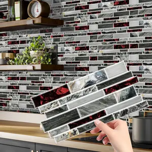 36 PCS Self-adhesive Irregular Red Grey Marble Tile Stickers 9.68×4.72in for Kitchen Bathroom Balcony Decor