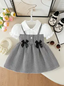 Baby girl dress, Baby clothing, Baby Girl Clothes, retro small fragrance style, black and white checkered fake two-piece dress, black bow+bubble sleeves+lapel design, Valentine's Day gift, suitable for one year old parties, kindergarten performances