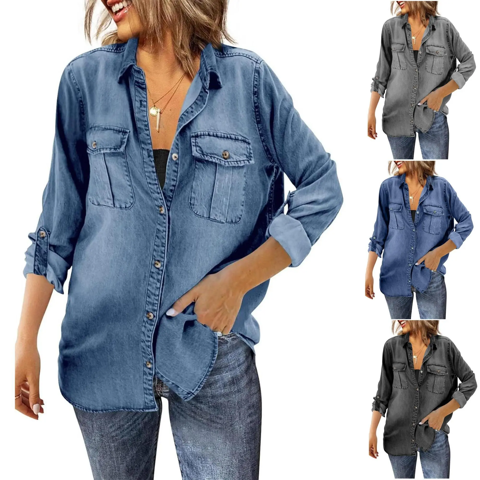 PASLTER Women's Comfortable Cotton Button-Down Denim Blouse - Long-Sleeve Roll-Up Oversized Distressed Tunic Shirt Jacket, Casual Women's Clothes for Matching Outfits, Bikini