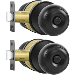 RAZCC Privacy Door Knobs, 2 Pack Matte Black Door Knobs with Lock, Bed and Bath Door Knob Interior Keyless Locksets, Round Door Handles Reversible for Left Right Handed Doors