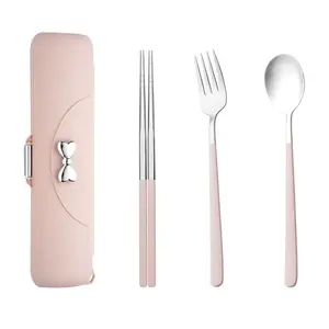 Bow Design Stainless Steel Cutlery Set, 1/10 Sets Including Spoon & Fork & Chopsticks with Storage Box, Portable Tableware Set for Home Kitchen Dining Room