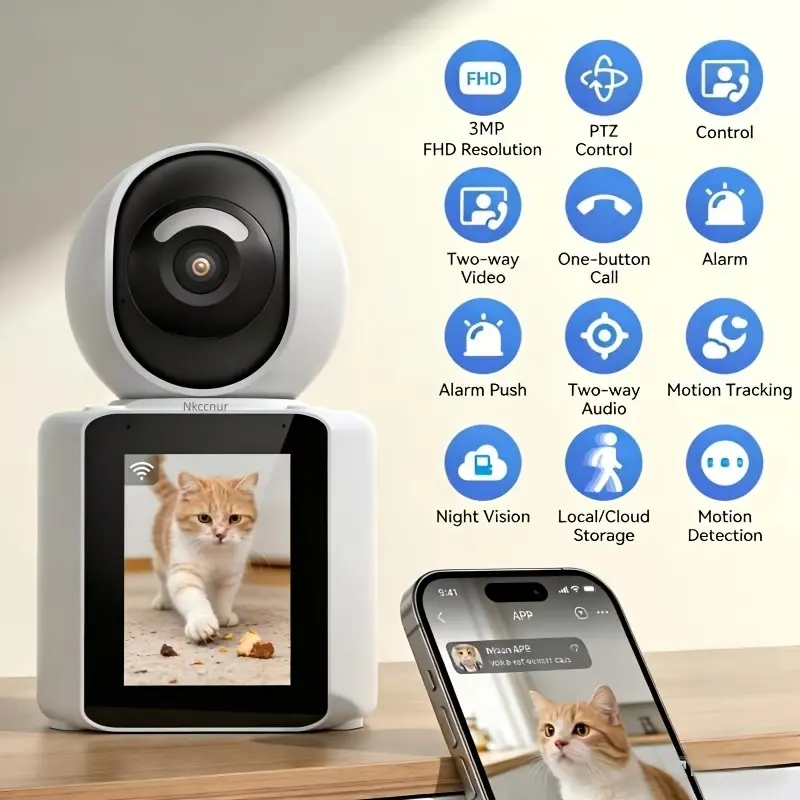 NKCCNUR Video Pet Dog Camera Indoor Two Way Wireless Security Camera Monitor 1296P with Phone App And Motion Detection, Baby/Elderly/Nanny Audio Calling Device Pan Tilt