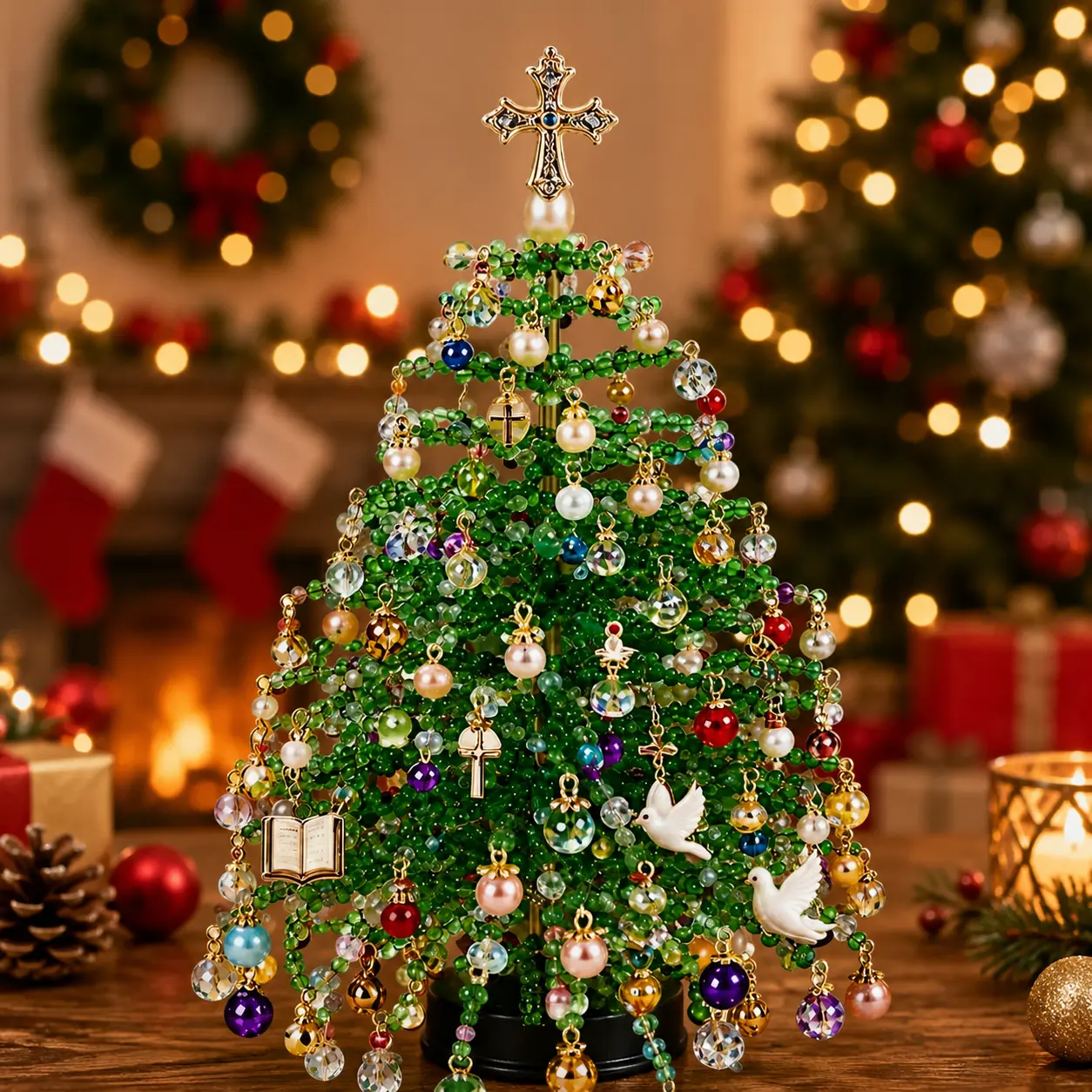 3D Crystal Beaded Christmas Tree Making Kit, DIY Handmade Mini Xmas Bead Art, Sparkling Holiday Tabletop & Desk Decoration