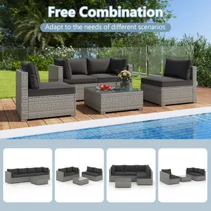 COSTWAY - 5-Piece Outdoor Patio Sectional Sofa Couch and Glass Coffee Table with Cushions-Black