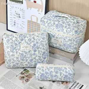 Vanity makeup bag Cotton Makeup Bag for Women Large Quilted Trave Cosmetic Case Girls' Make Up Organizer Little Flower Blue
