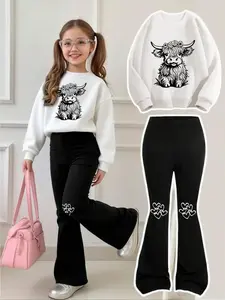 Girls' Soft Cute Floral Cow Sweatshirt Bell Bottoms Set, Casual Breathable Comfort, All Seasons Fashion, Clothes Kids