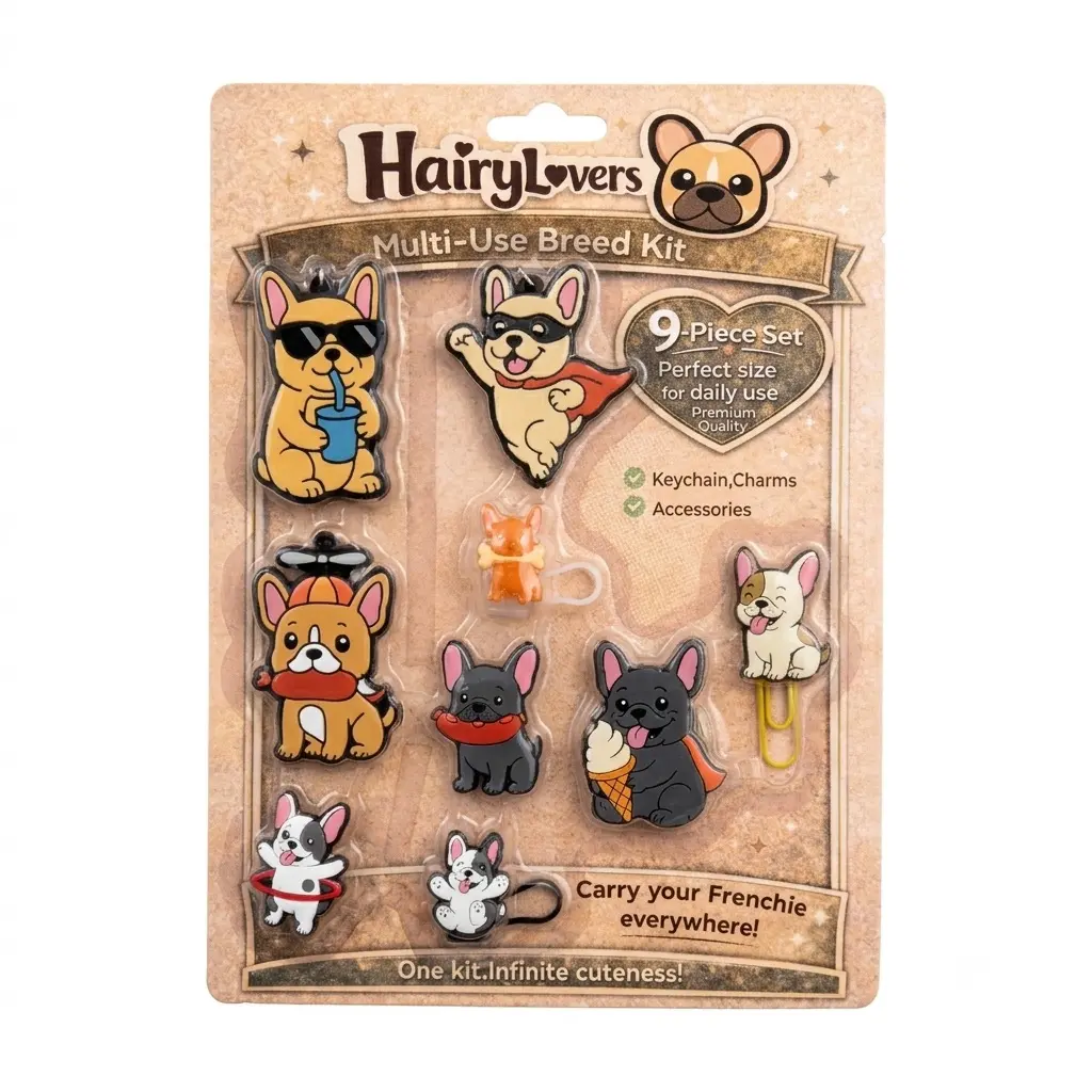 HairyLovers Multi-Use Breed Kit - 9-Piece Set with Flexible PVC & Metal, Multi-Color Fawn French Bulldog Design, Includes Straw Cover, Phone Grips, Cable Protectors, Shoe Charms, Keychains for Pet Owners & Frenchie Lovers