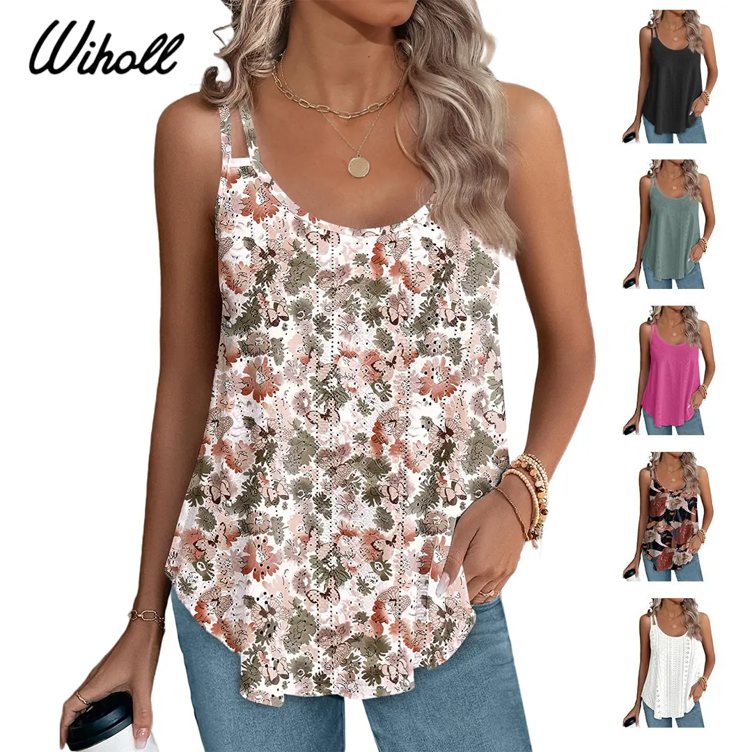 WIHOLL Womens Tank Tops Spaghetti Strap Camisoles Eyelet Embroidery Scoop Neck Tops