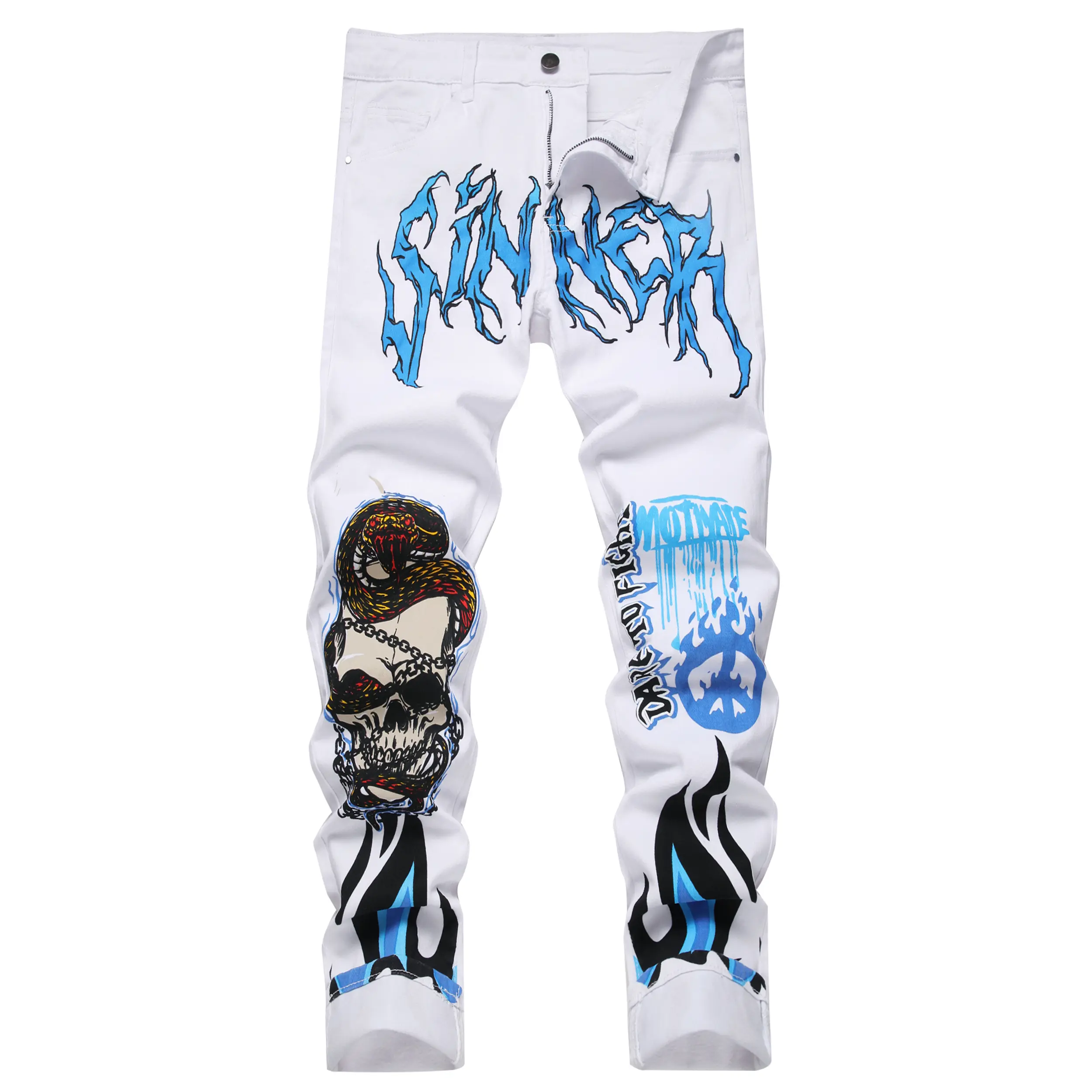 Men's White Printed Portrait Cotton Slim-Fitting Mid-Waist Jeans - All Season Clothes for Easter Party, Special Holiday Wear
