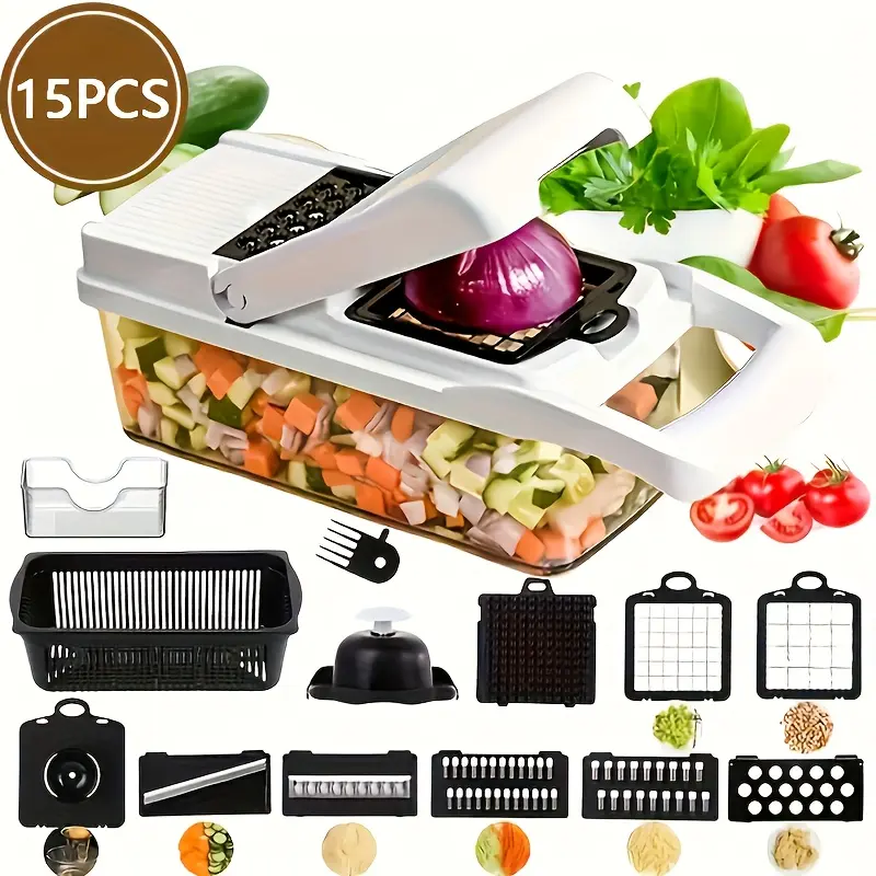 Vegetable Chopper Heavy Duty 15PCS Set with Multiple Blades & Storage Container for Efficient Food Prep Ideal for Cooking, Durable Vegetable Slicer, Fruit Vegetable Slicer Kitchen Shredder Kitchen Gadgets