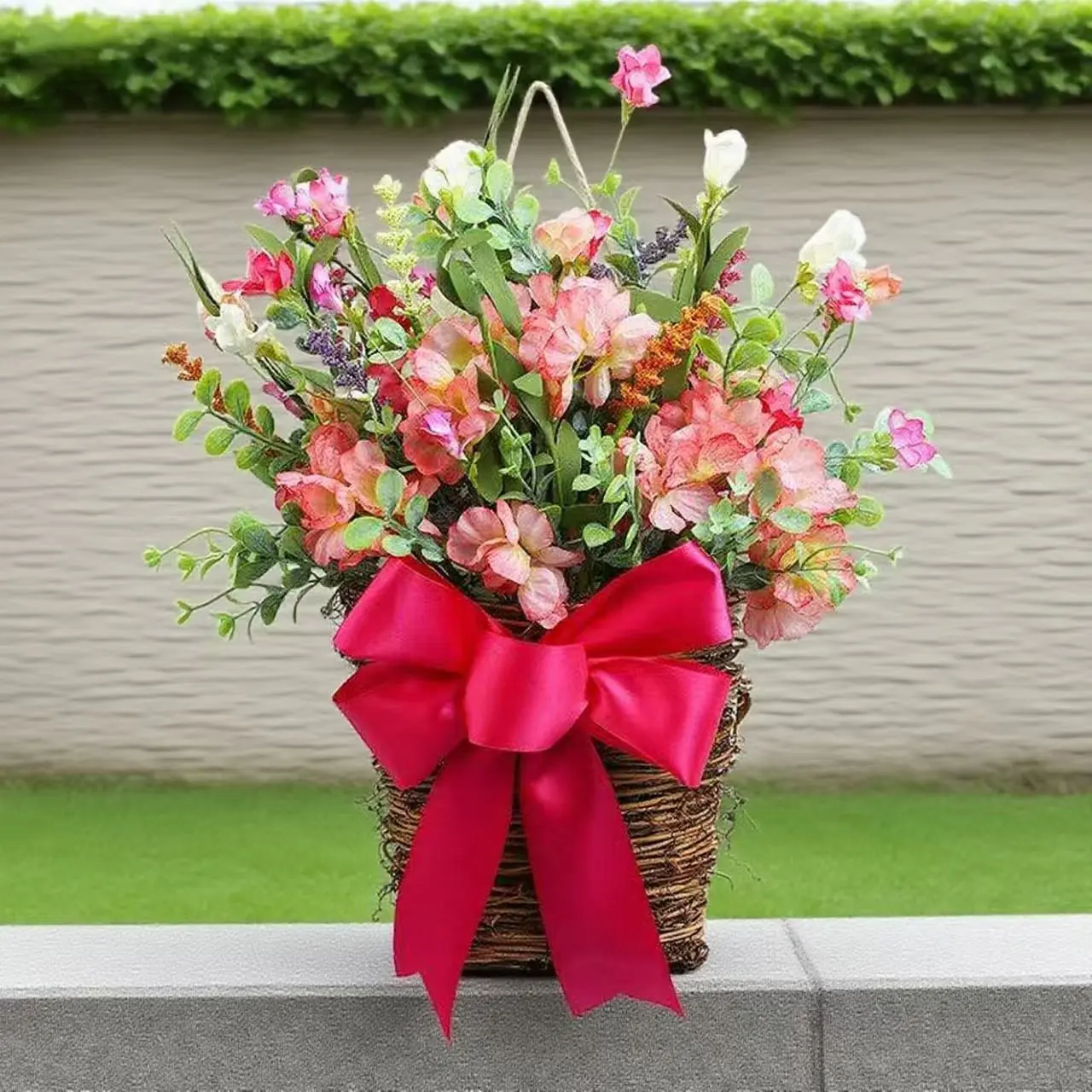 Vibrant Spring Summer Floral Basket with Artificial Flowers for Home Decor - Colorful Faux Tulips, Peonies, Daisy Arrangement in Woven Basket, Perfect for Table Centerpiece, Wedding, Living Room, Porch Decoration Decorative Flower Basket