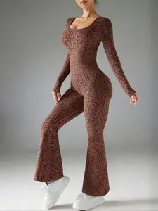 Women's Fashion Leopard Backless Jumpsuit, Printed Mesh Patchwork Long Sleeve Bodysuit, Fall Slim-Fitting Underwear, Comfortable Design, Open Back Jumpsuit