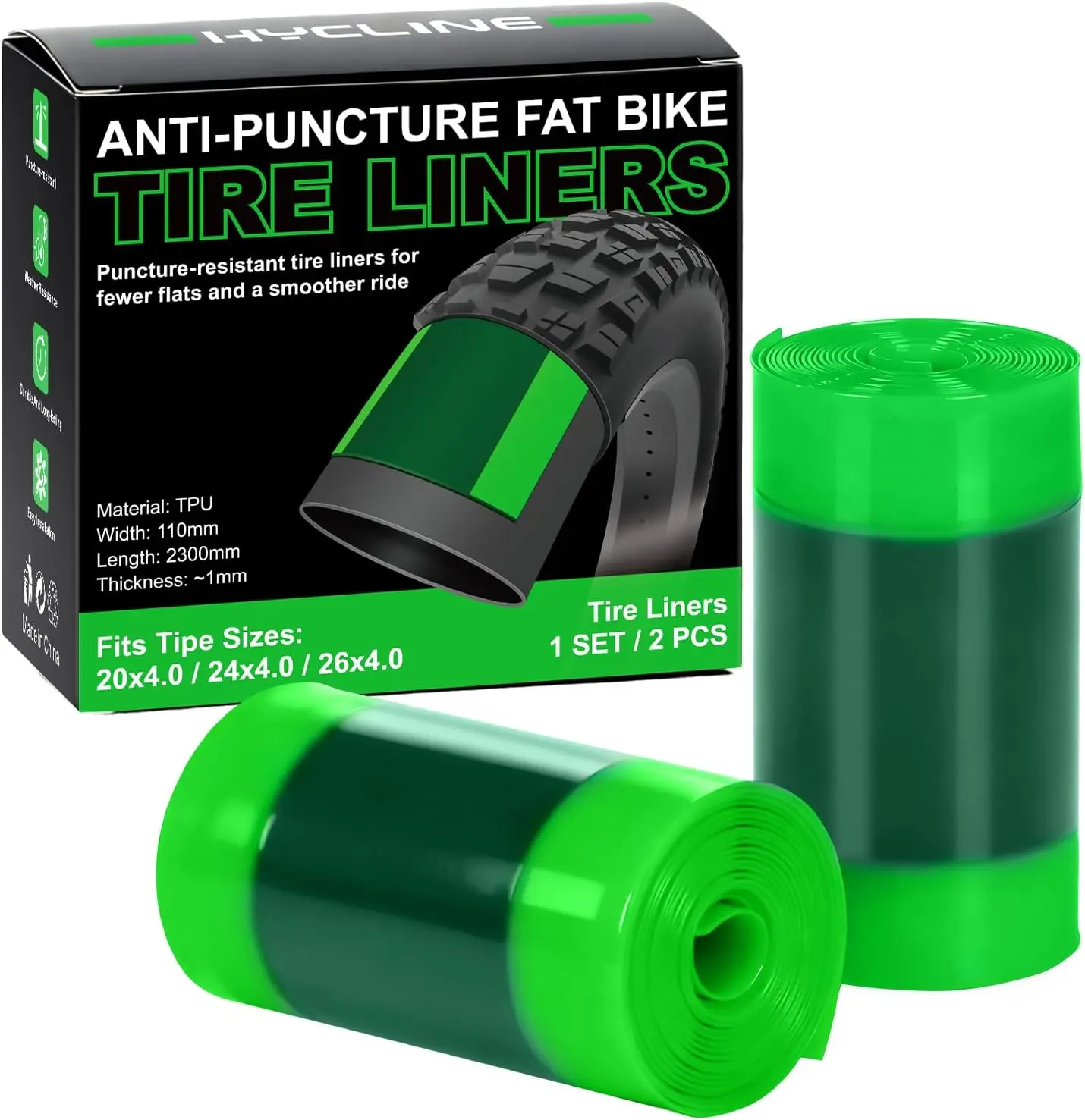 Hycline 2 Pack Fat Tire Liners, Puncture-Proof TPU Inserts, 110mm Wide for 20/24/26 x 4.0" Tires, Fits Adult Mountain Bike and Cruiser Bike, Adults, Commuting, Fat Bike Riding