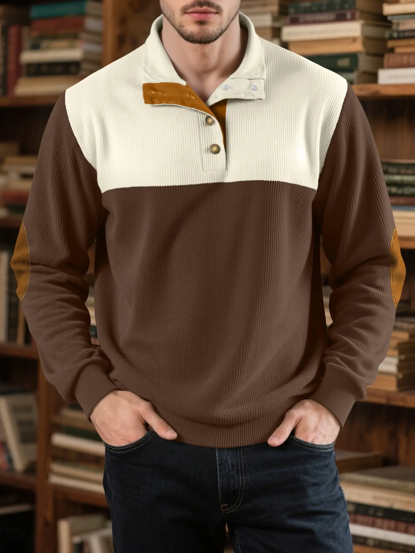 Men's half-placket button-down sweater, Sweatshirt with color-blocking, corduroy fabric for soft texture, suitable for wearing in and winter. Long-sleeved pullover, regular version for daily casual wear
