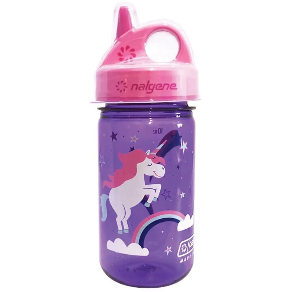 Nalgene Sustain Grip-N-Gulp BPA-Free Plastic Water Bottle - 12 oz, Translucent Purple Unicorn Design, Kid-Friendly, Recycled Resin, Easy Grip, 12 oz Cup, Lid, Loop, Dishwasher Safe Drinkware Gear
