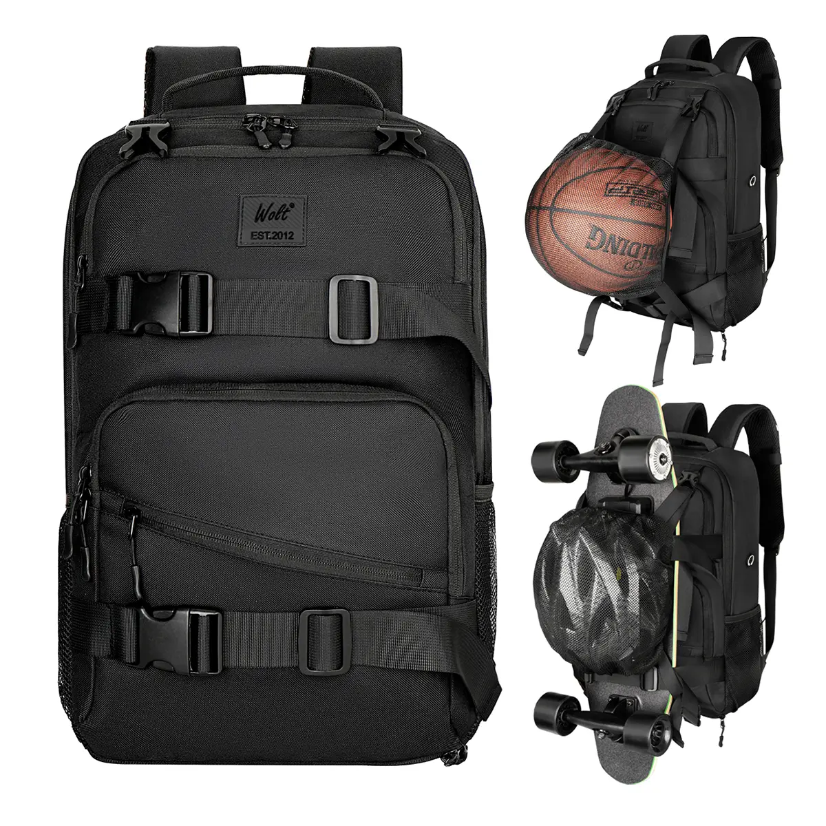 Wolt Men's Multifunction Skateboard Backpack with Board Straps, Longboard Compatibility, 15.6" Laptop Slot, Helmet Holder, Anti-Theft Pocket, Carry Handle, Padded Back, Sporty Look for Skating Gear, 17.7x11x4.7in Durable Gym Bag, Multifunction Backpack, A