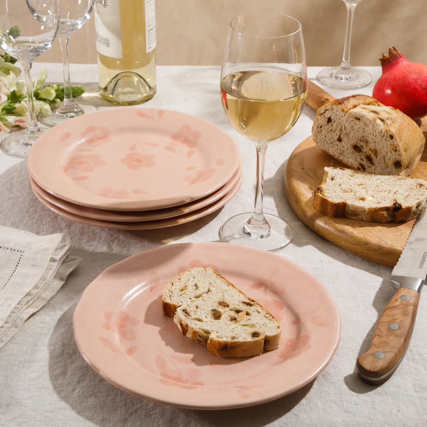 Porto Petals - 4-Piece 8.6 Inch Salad Plate Set - Hand-Painted Portuguese Stoneware - Blush Pink