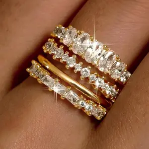 FIBO 4 Pairs Stackable Rings Set for Women Non 14K Gold Plated Tarnish Dainty Cubic Zirconia Wedding Bands Ring Set Minimalist Statement Engagement Ring Promise Thumb Rings Trendy Jewelry Gifts Size 5-10 summerwins