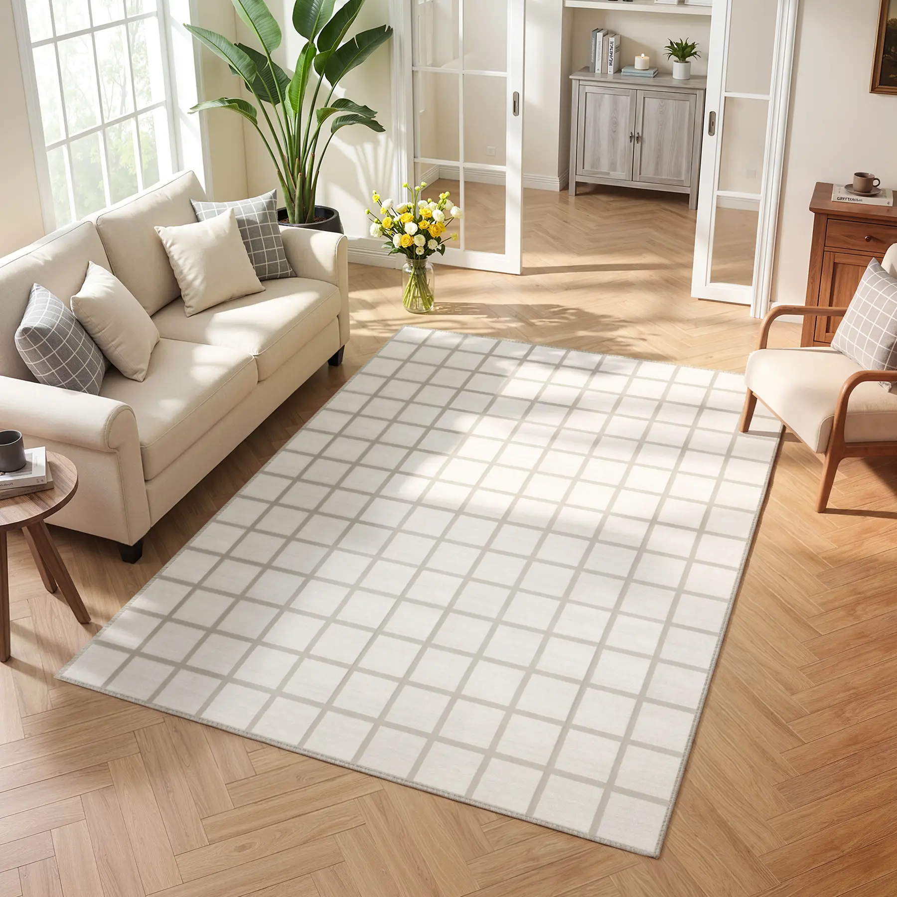 Tribesigns Modern Plaid 5x7 Cream Area Rugs for Living Room, Checkered Washable Bedroom Dining Room Rug, Large Soft Non-Slip Ultra Thin Throw Carpet for Dorm Office Playroom, Oeko-Tex Certified homedecor