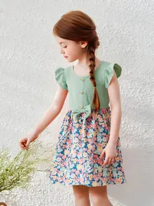 Girls' Casual Printed Dress, Round Neck Small Sleeve Design, Large Bow Front, Soft Comfortable Knee-Length, Perfect for Parties or Gifts