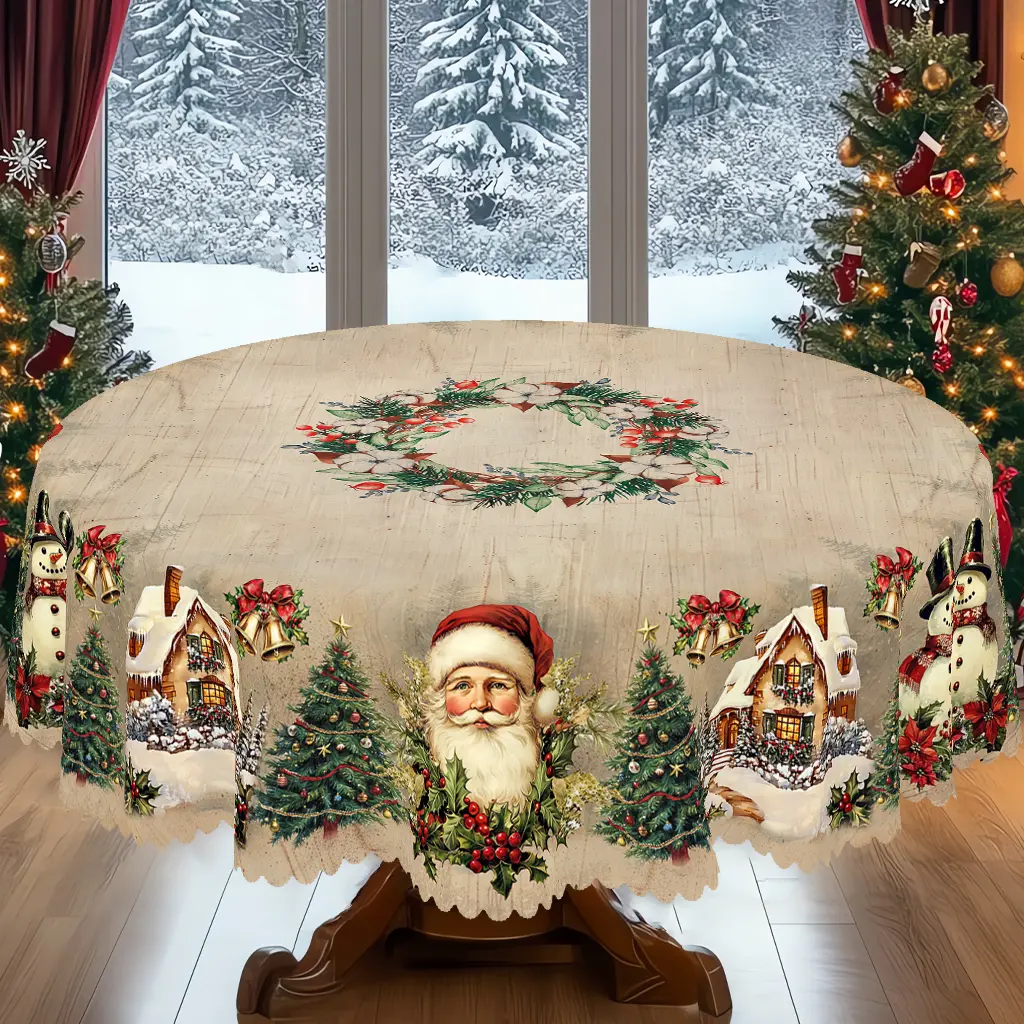 【Back to School】PLUMLIK Vintage Christmas Tablecloth with Santa Claus, Snowman, Christmas Tree Patterns, Christmas Decor 2025, Christmas Party Decoration for Indoor&Outdoor, Christmas Round Rectangular Table Cloth, Holiday Home kitchen Festive Decor