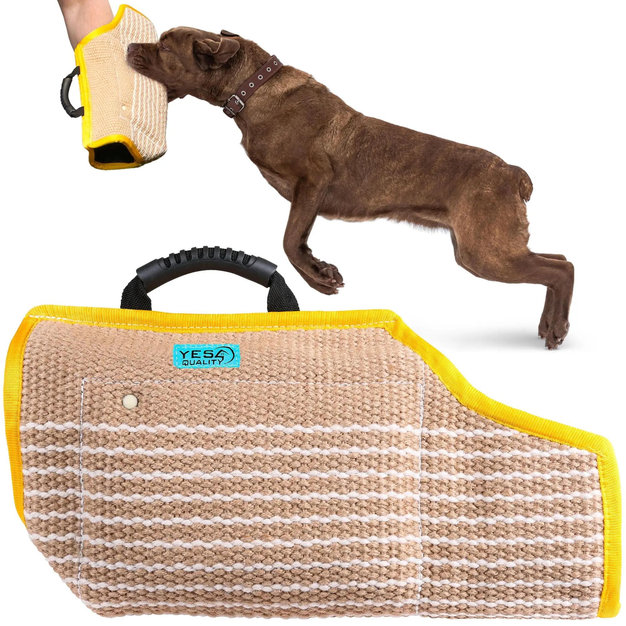YES4QUALITY Jute Dog Bite Sleeve, 20x12in Durable Training Gear for Medium-Large Dogs (German Shepherds), Closed End, Soft Handles for Control, Padded Arm Equipment for Trainers