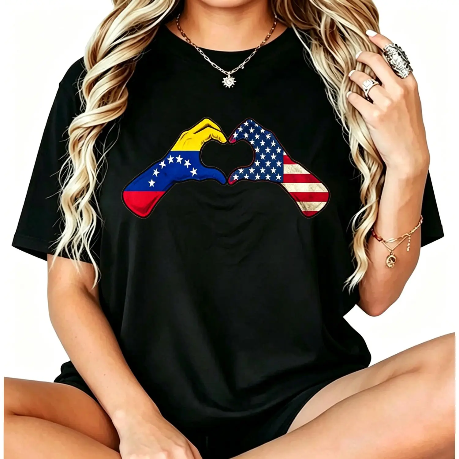 Venezuela American Flag Cotton T-shirt Featuring USA and Venezuelan Heart Emblems