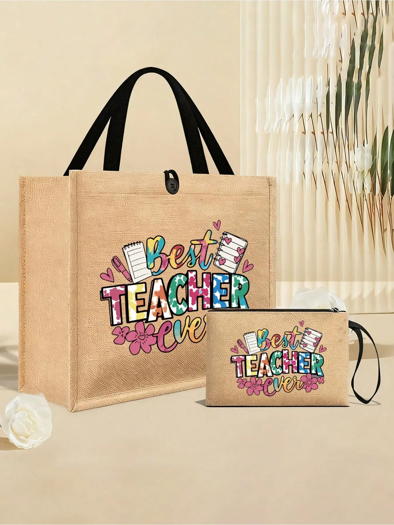 Best Teacher Appreciation Linen Tote Bag, Letter Print, Pen & Notebook Included, Large Capacity, Perfect Gift for Teachers