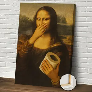 2D Print, 1-piece, Monet Lisa with Toilet Paper Theme Oil Painting Art (Framed) - Humorous Wall Poster Sign - Suitable for Living Room Wall Art| Bedroom Oil Painting Art| Dormitory bathrooms and toilets, holiday wall art, art giclee prints