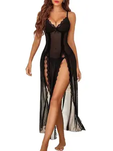 Lingerie Lace Babydoll Chemise Sexy Mesh Nightdress V Neck Nightwear Side Split Nightgown Semi Sheer Spaghetti Strap Basic Minimalist Loungewear Elegant Women Style Womenswear