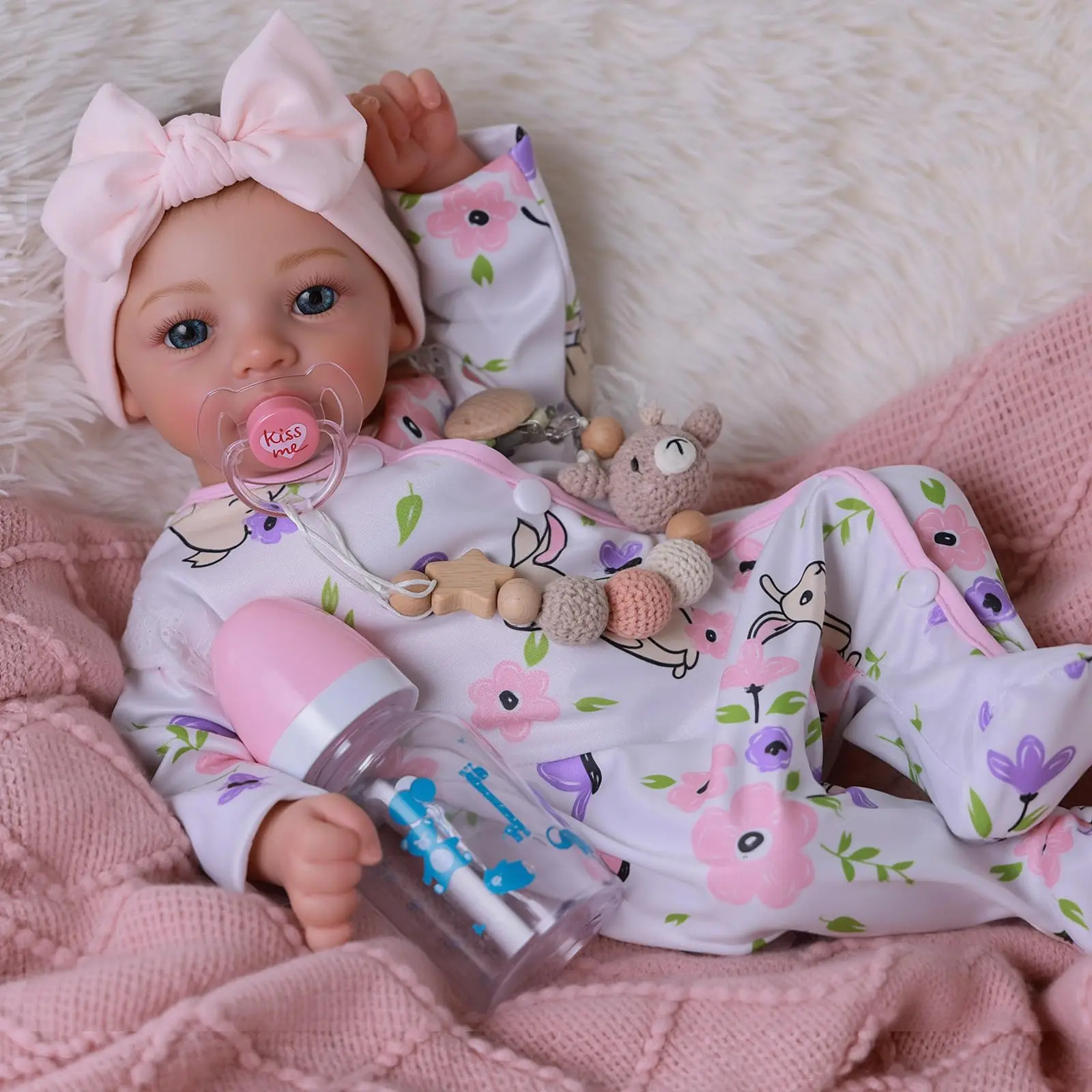 BABESIDE 18-Inch Lifelike Newborn Realistic Silicone Reborn Baby Doll Girl, with Bunny Outfit, Magnetic Pacifier, Bottle, Diaper, Birth Certificate, Kids' Gift Toy, Lifelike Newborn Doll, Newborn Baby