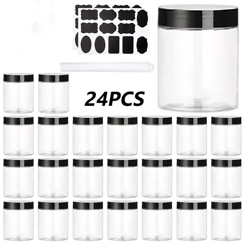 24 Packs 8 oz Plastic Jars with Lids & 2 Stickers & 1 Pen Kit, Clear Plastic Slime Containers for Kitchen and Household Food Storage of Dry Goods, Creams and More, BPA Free