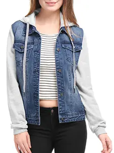 INSPIRE CHIC Layered Drawstring Hood Denim Jacket W Pockets