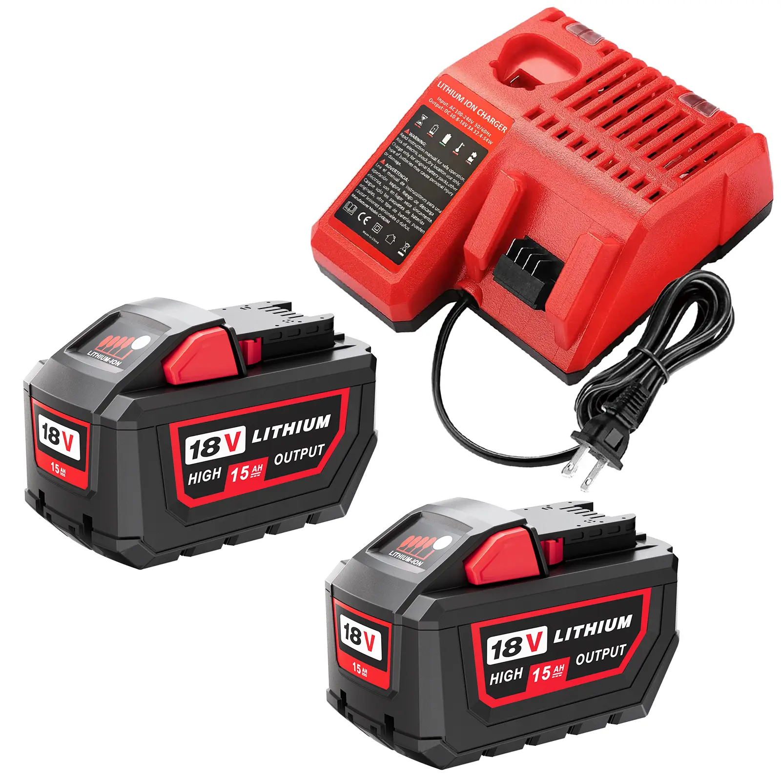 18V Dual Lithium Battery & Charger Combo (2-Pack, 15000mAh) - LED Digital Display, Safety Features, Replacement for Milwaukee 18V Cordless Tools (Fits 48-11-1880/1815/1820/1840 Series, Red)