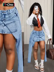 Women's Summer A-Line Denim Skirt, Fashionable Design Two-Piece Fake Set, Casual Style, Perfect for Daily Wear, Fitted