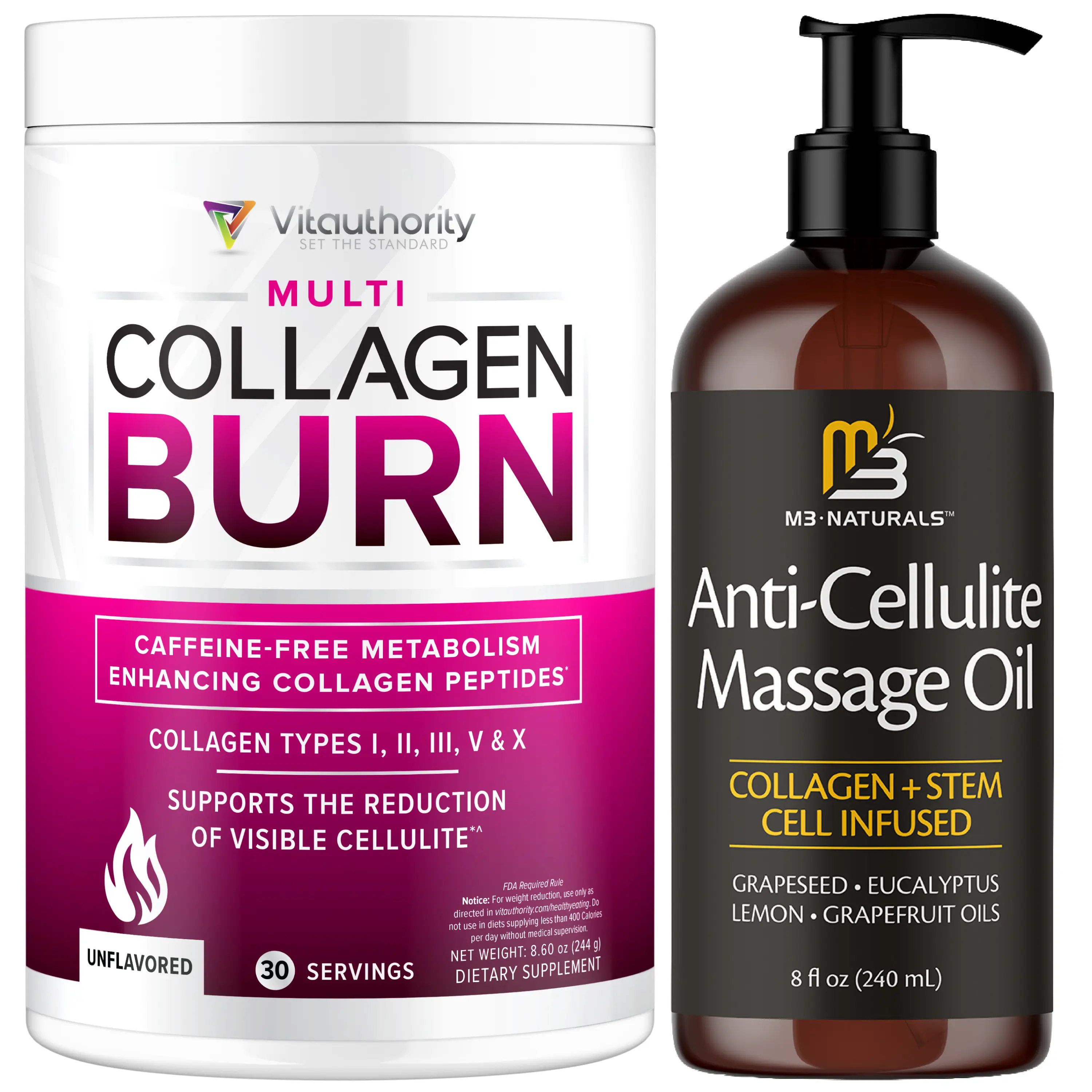 Ultimate Cellulite Support Bundle | M3 Anti Cellulite Massage Oil (8 oz) + Vitauthority Multi Collagen Burn Powder (30 Servings) | Smooth Skin, Metabolism & Beauty Support