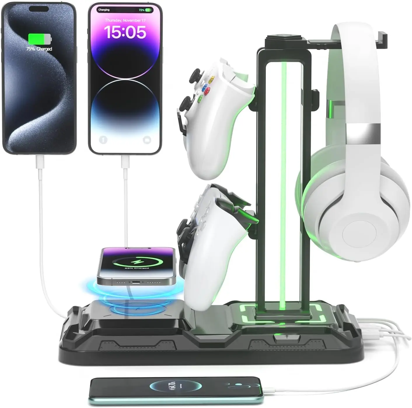 Headphone & Controller Stand with   - Rotatable Headset Stand with 9 Light Modes - Controller Holder with 2 USB and Type C Ports - for Gamers Desktop Accessories