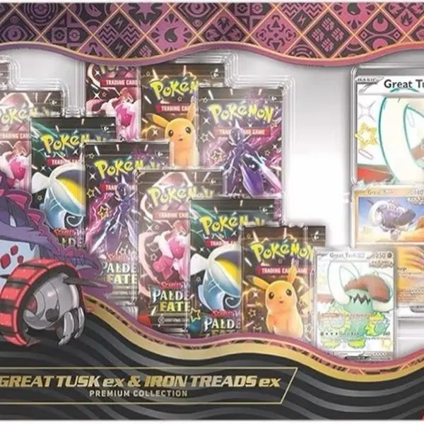 Paldean Fates Great Tusk ex & Iron Threads ex Premium Collection - Pokemon TCG - 11 Packs plus promos