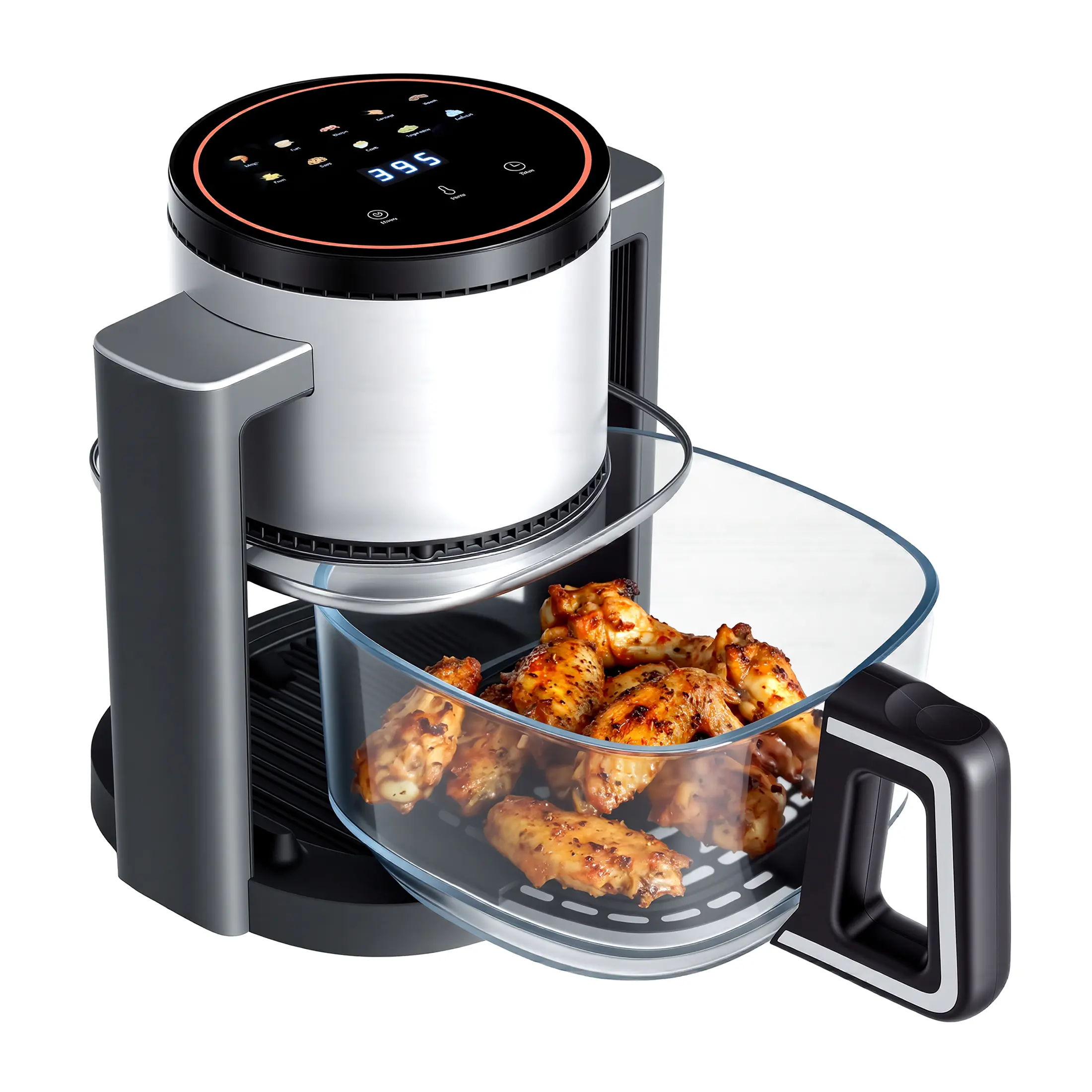 Glass Air Fryer, 4.5L Transparent Cooking Bowl, Reheat Function, Temperature Control, Dishwasher Safe, Black