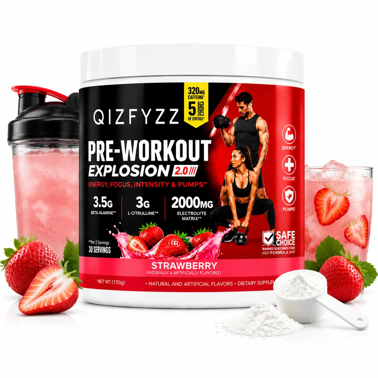 Preworkout Explosion 2.0 Pre-Workout Energy Powder Mix (qizfyzz) - Peach&Strawb. (Peach Flavor), 30 Servings, Unisex Fitness Endurance Supplement, Gym Formula with Beta-Alanine-Caffeine Blend for Muscle Performance & Health Goals