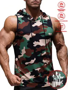 Men’s camouflage sleeveless hooded tank top made from breathable, quick-drying fabric featuring a drawstring hood design—ideal for men’s everyday summer wear, suitable for sensitive skin, regular fit, casual athletic style, and great as a gift for men.