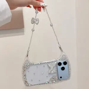 New High-End 3D Bow Handbag Design Phone Case for iPhone 17, 16, 15, 14 Pro Max, Plus, 13, Fashionable Women's Bag, Bow Chain, Handmade