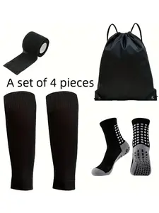 4-piece soccer gear set, Football Accessories: sports socks, Sports Athletic Socks, soccer socks, Soccer Grip Socks, shin guards, bandages, drawstring bag, suitable for daily sports training, basketball, football, and various other scenarios