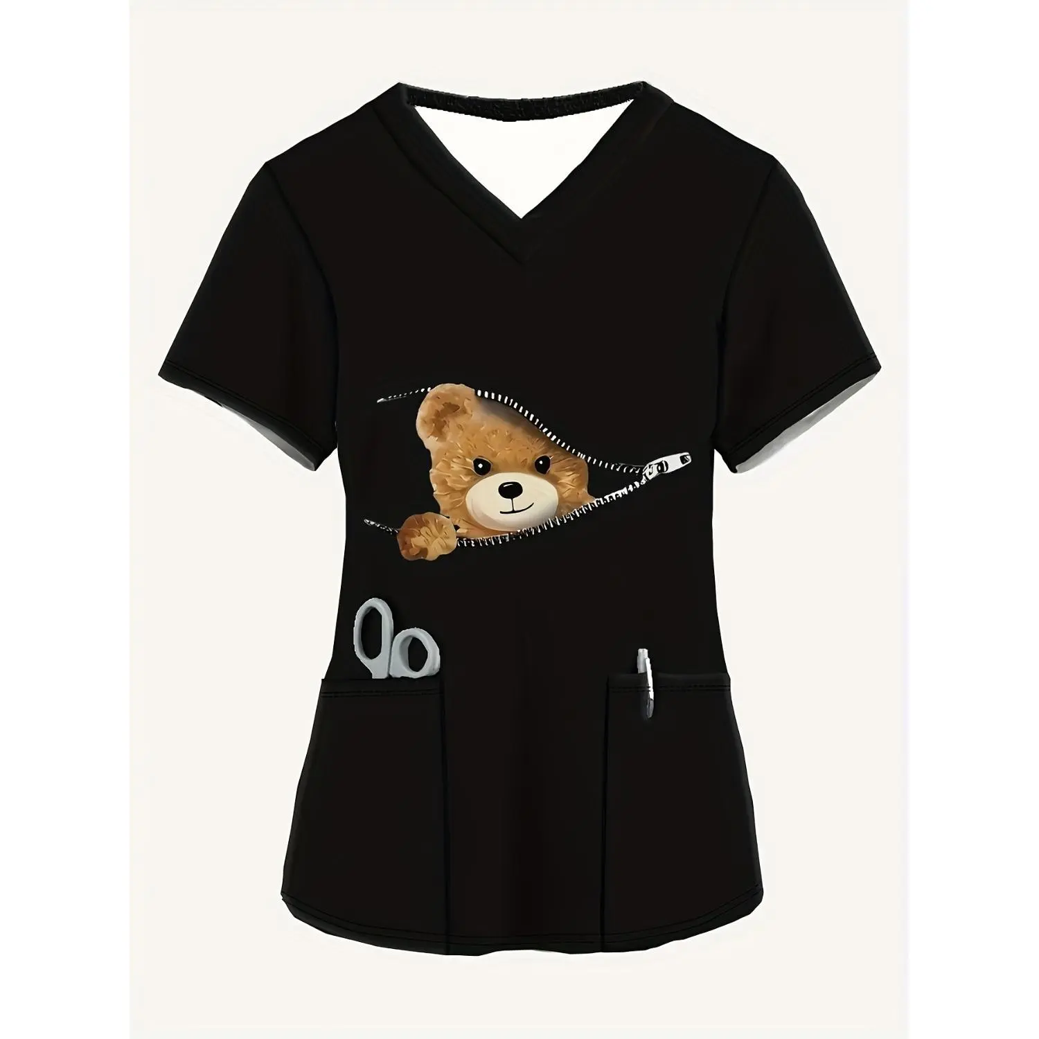 Women's Stylish V-Neck Short-Sleeve Top with Zipper and Cute Bear Print, Perfect for Nurse Uniforms with Convenient Pockets, Black Background