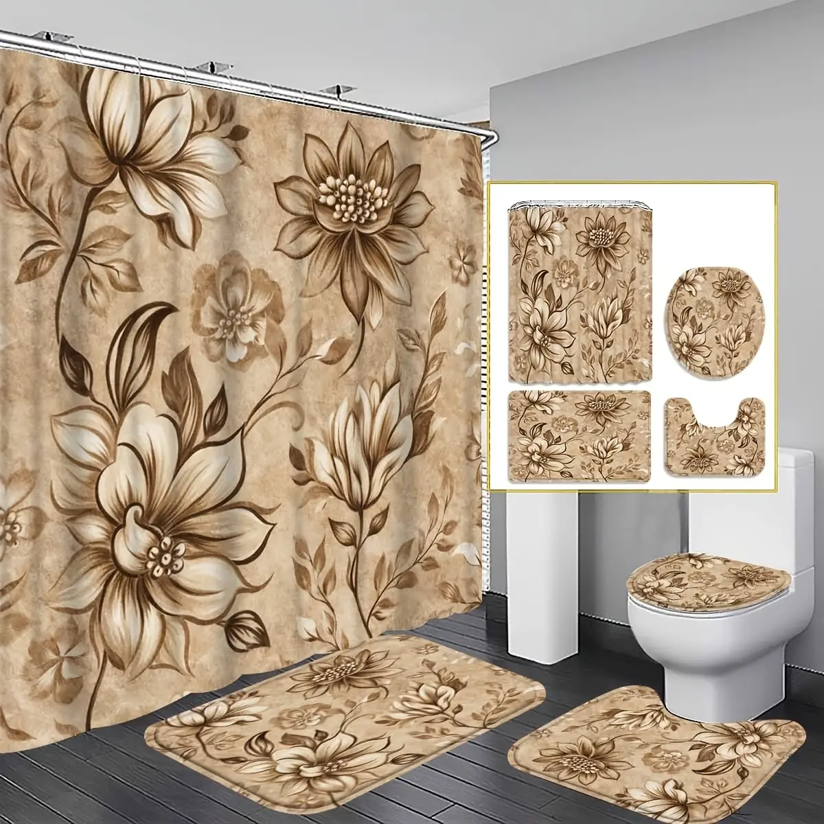 4pcs Vintage Brown Floral Shower Curtain Set, Distressed Paper Brown Large Flowers Bathroom Decor, Bathroom Additions Include Bathroom, U-Shaped, Toilet Seat, 12 Hooks, 70.87X70.87inch Shower Curtain, Vintage Style, Distressed Texture, Classic