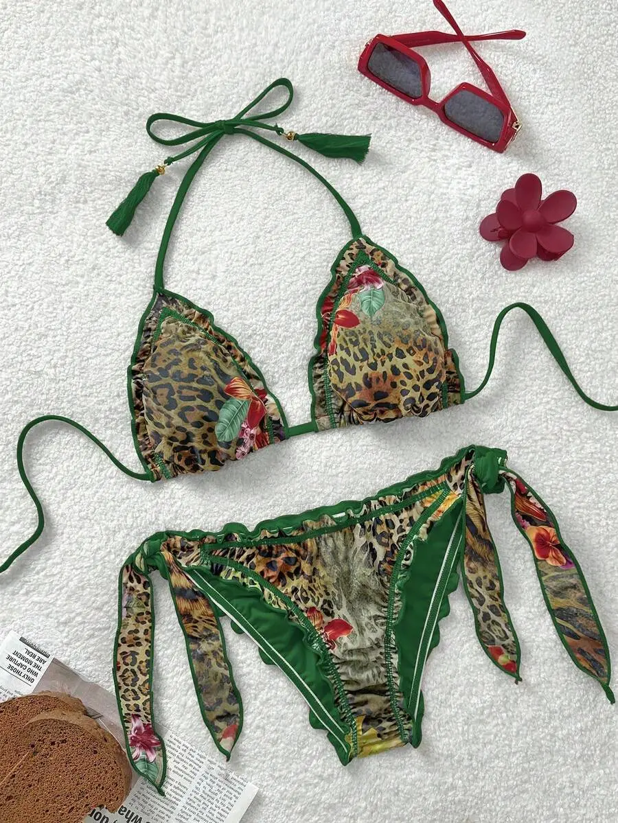 Vintage Wild Boho Bikini Set - Colorful Leopard Zebra Floral Print Ruffle Tie-Up Halter Tasseled Backless Triangle Top & Swim Bottoms Summer Beach Swimwear